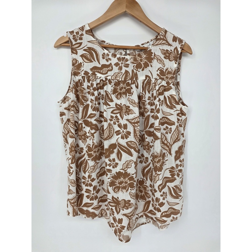 Sonoma Cotton Rayon Floral Sleeveless Top White Tan Size Medium